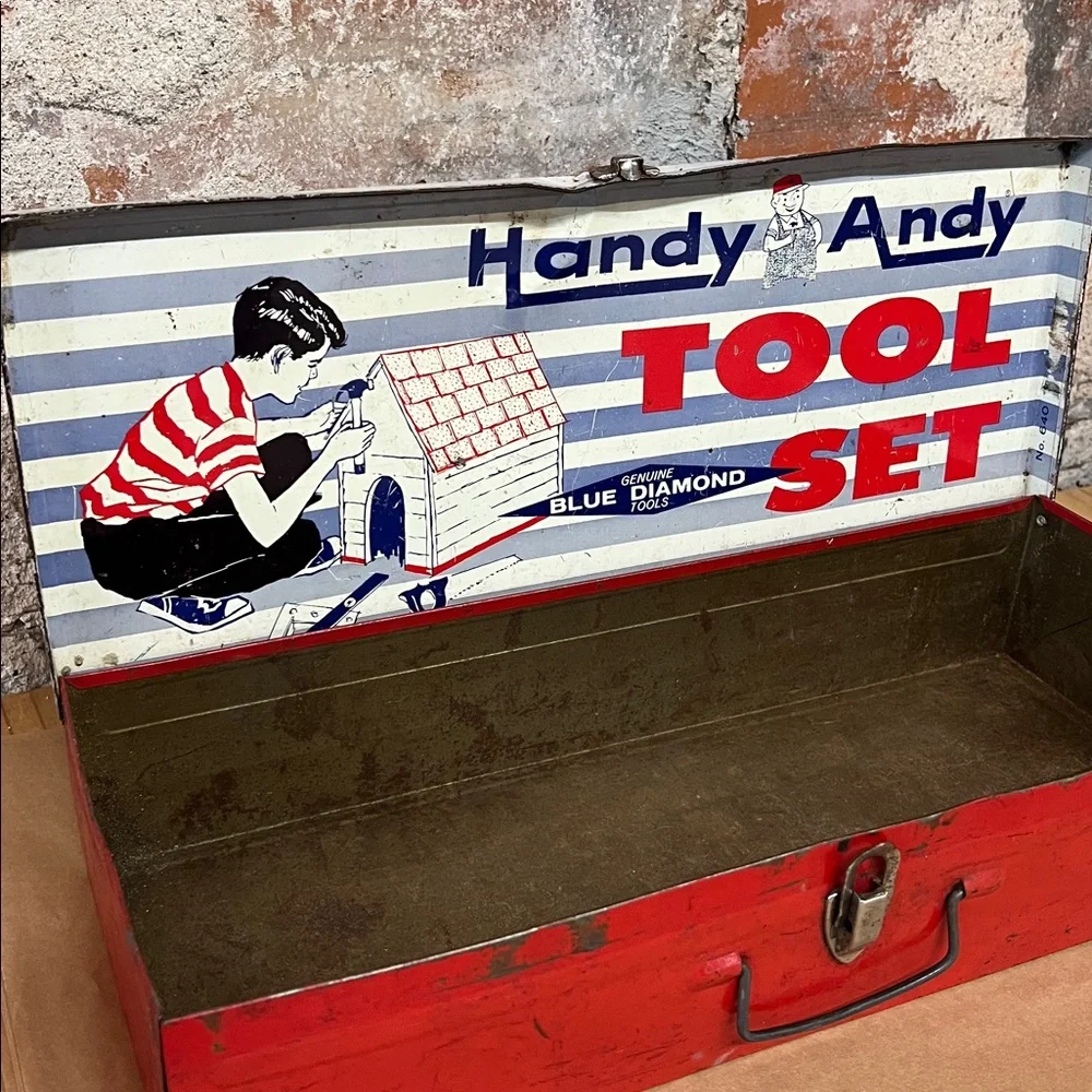 Vintage Handy Andy Metal Tool Box this is empty & ready for your decor/storage